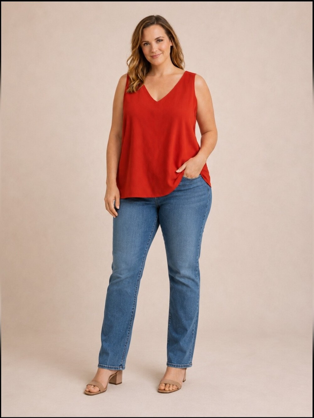 Halston | Classic Coral Orange V- Neck Camisole/ Top